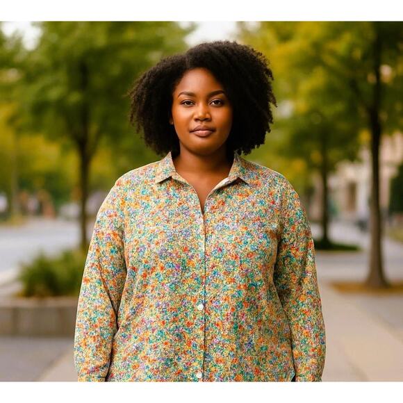 Floral Button Down Shirt Womens 2XL Colorful Long Sleeve Collared Blouse Light - Picture 1 of 12